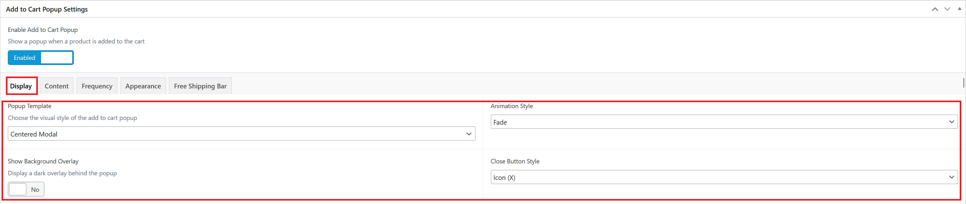 Add to Cart Popup Display tab