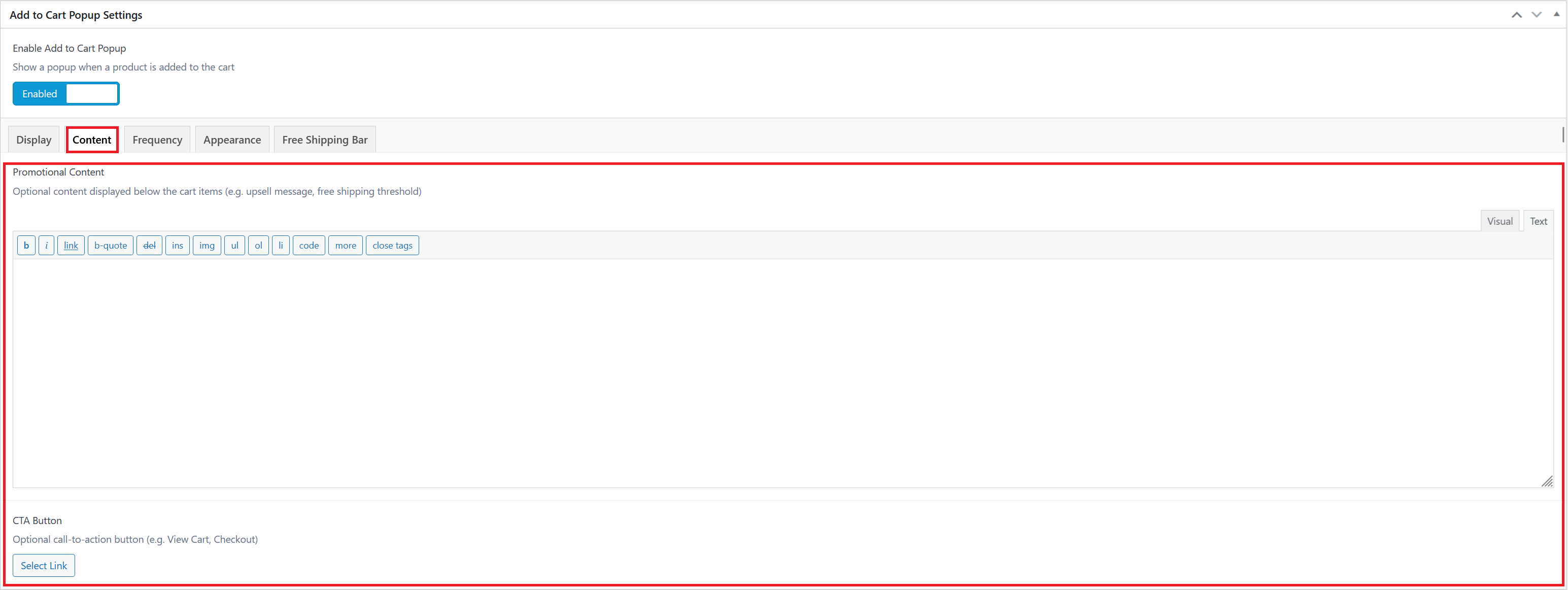 Add to Cart Popup Content tab