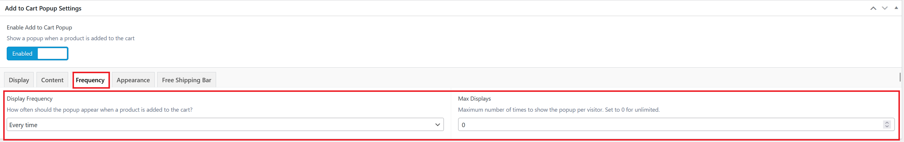 Add to Cart Popup Frequency tab