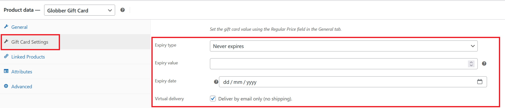 Globber Gift Card Settings Tab