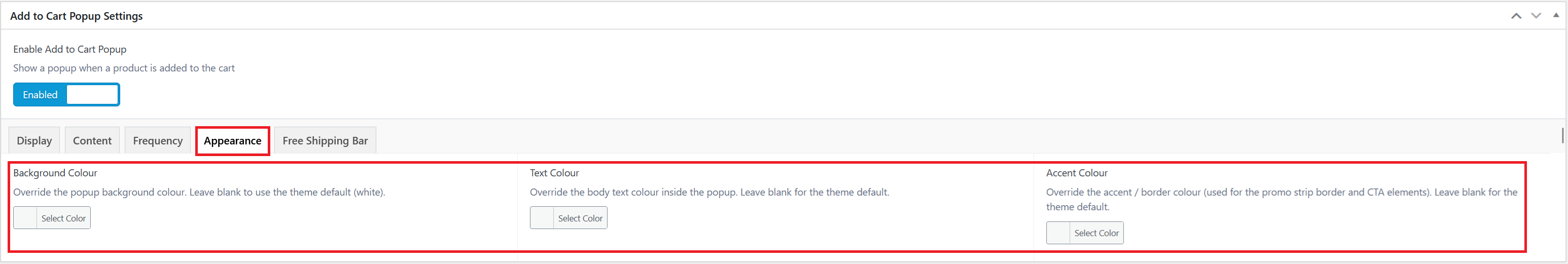 Add to Cart Popup Appearance tab