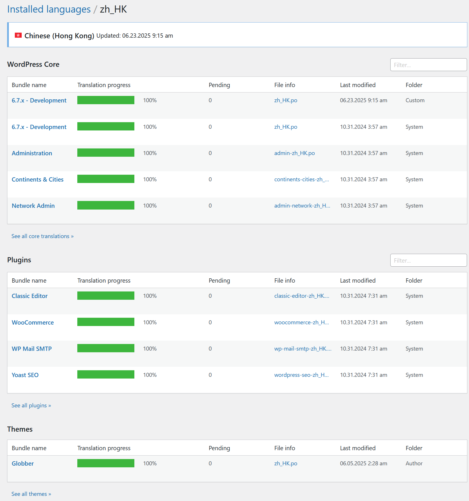 Example of Installed Language Overview
