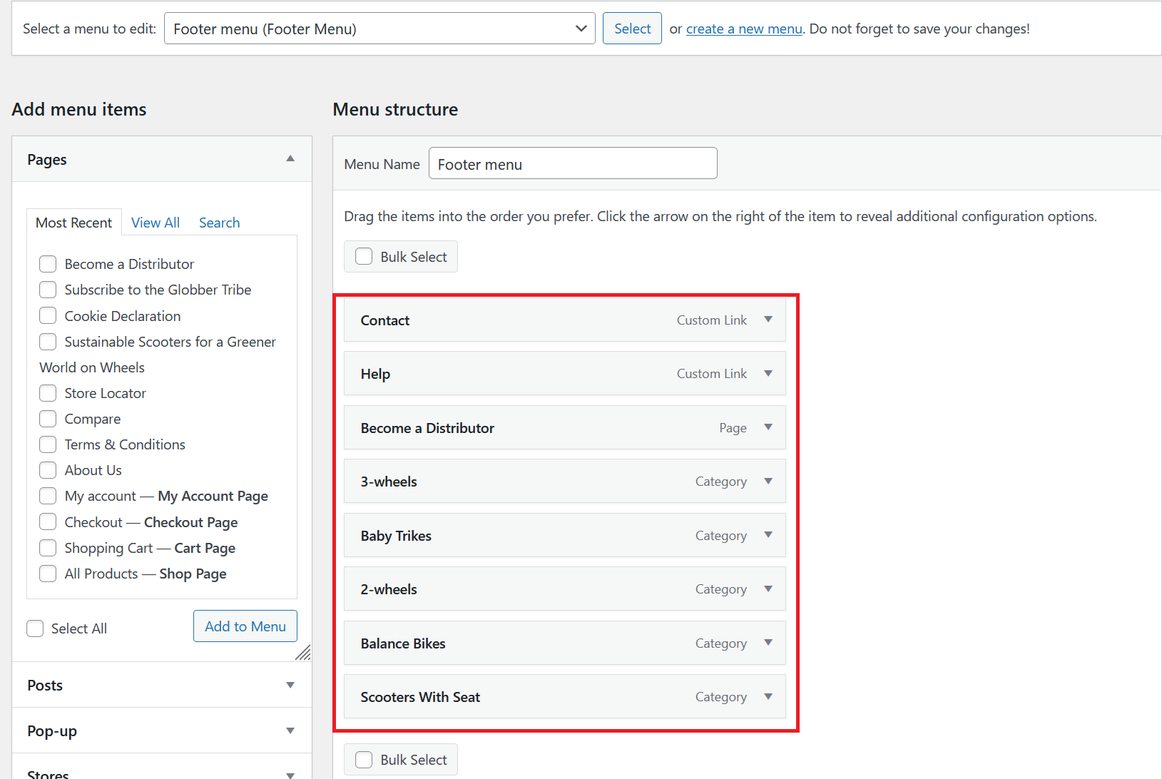 Footer Menu Edit