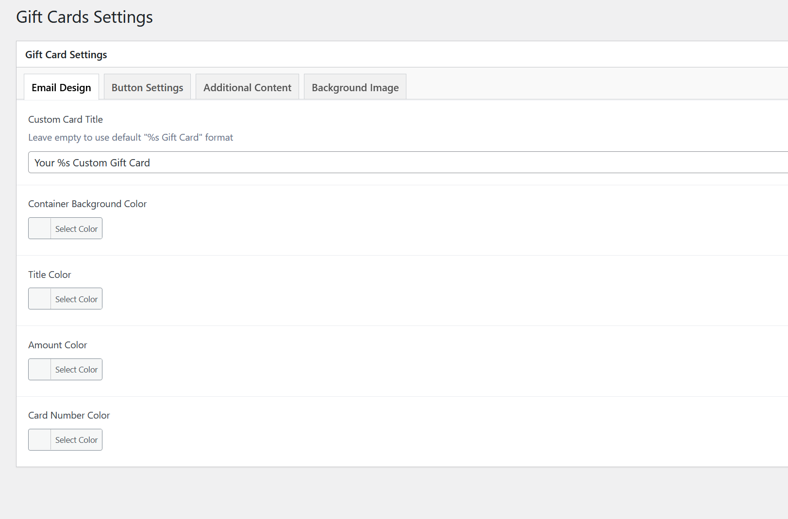 Gift Card Settings Page