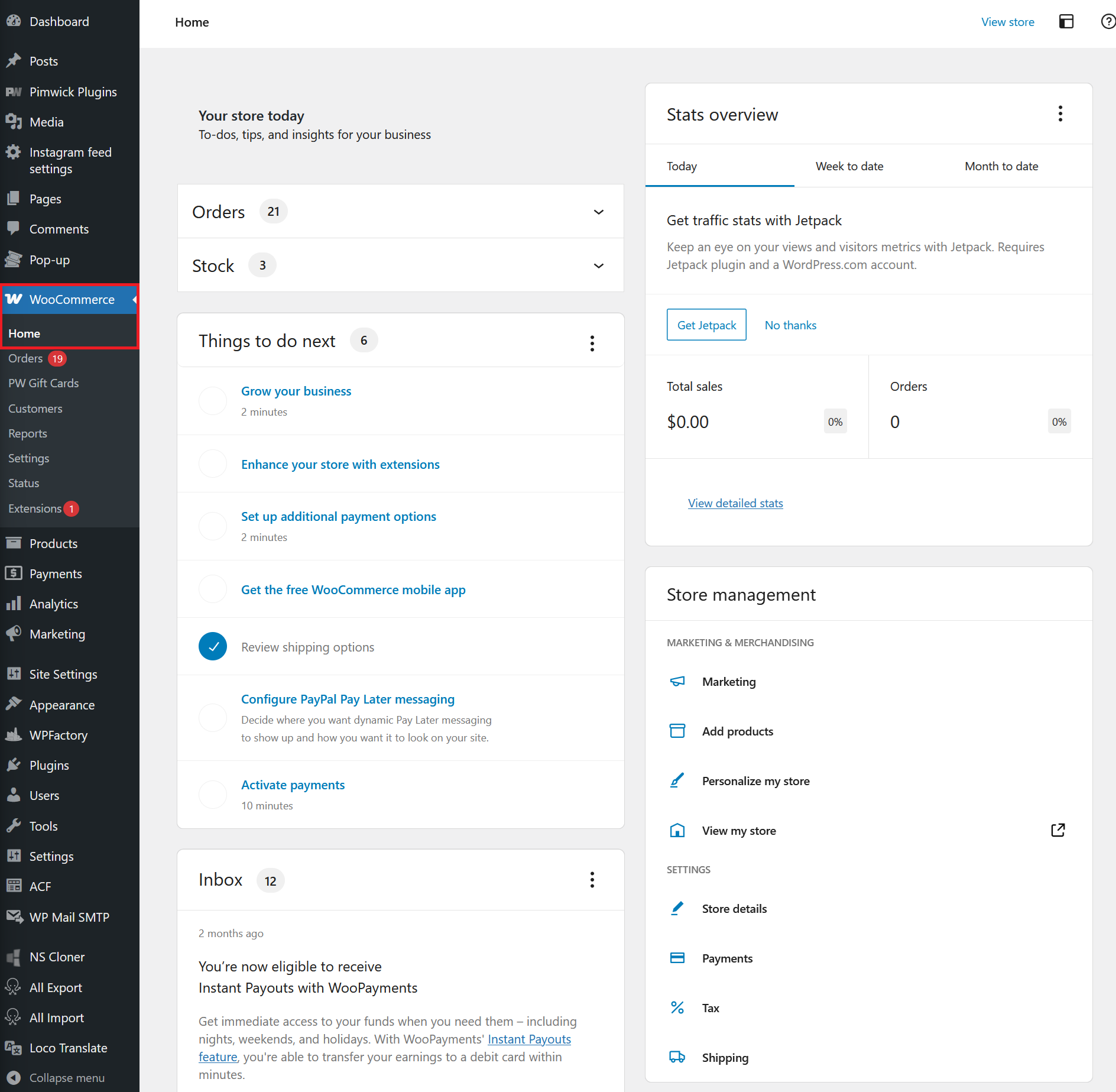 WooCommerce Dashboard Home