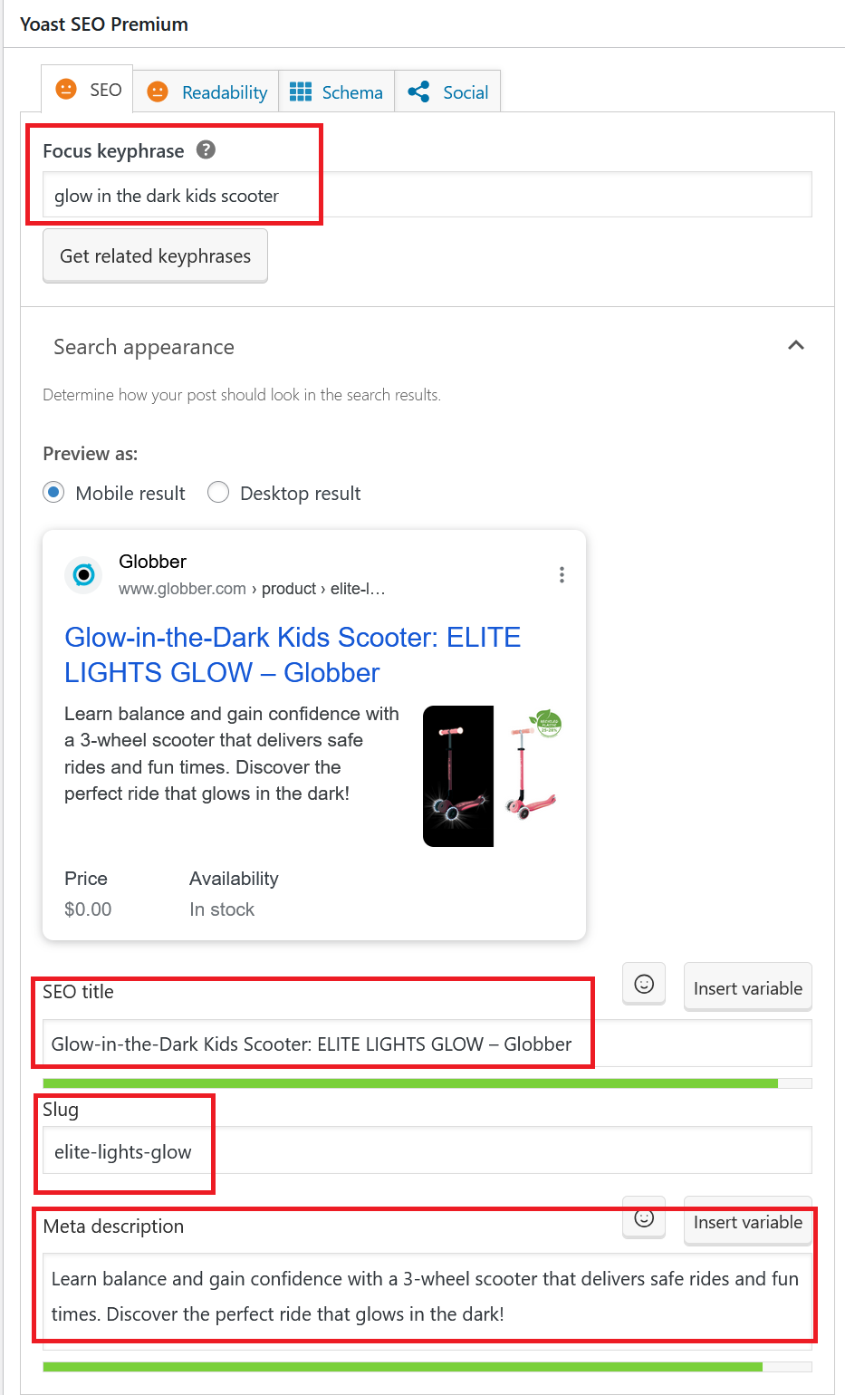 Yoast SEO Overview from Product Page